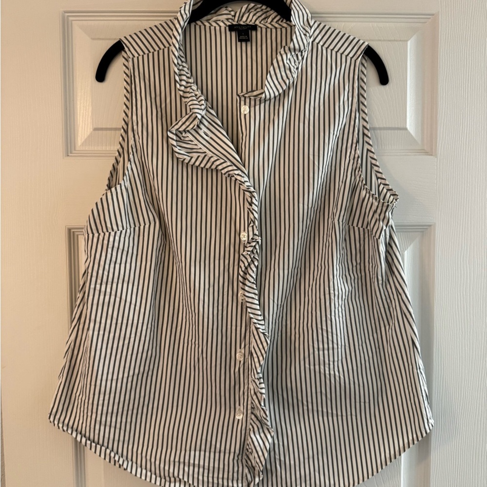 Ann Taylor Factory White and Blue Button Down Shirt with Ruffled Details